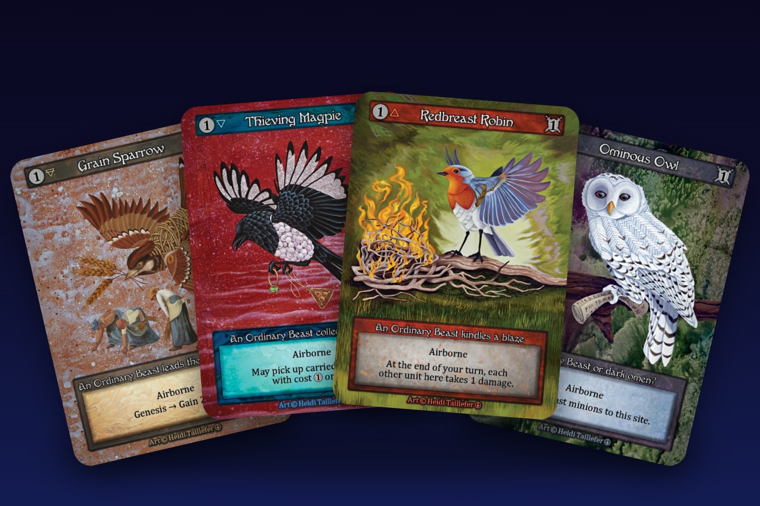 Four bird cards illustrated by Heidi Taillefer, fanned out on a dark blue background: Grain Sparrow, Thieving Magpie, Redbreast Robin, and Ominous Owl.