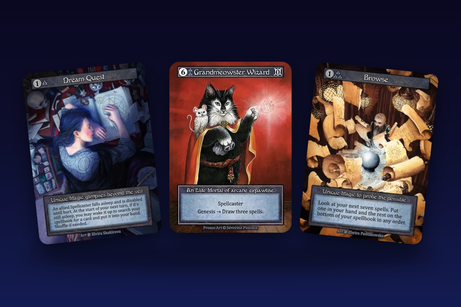 Three Sorcery cards side by side on a dark blue background: Dream-Quest, a foil Grandmeowster Wizard and Browse.