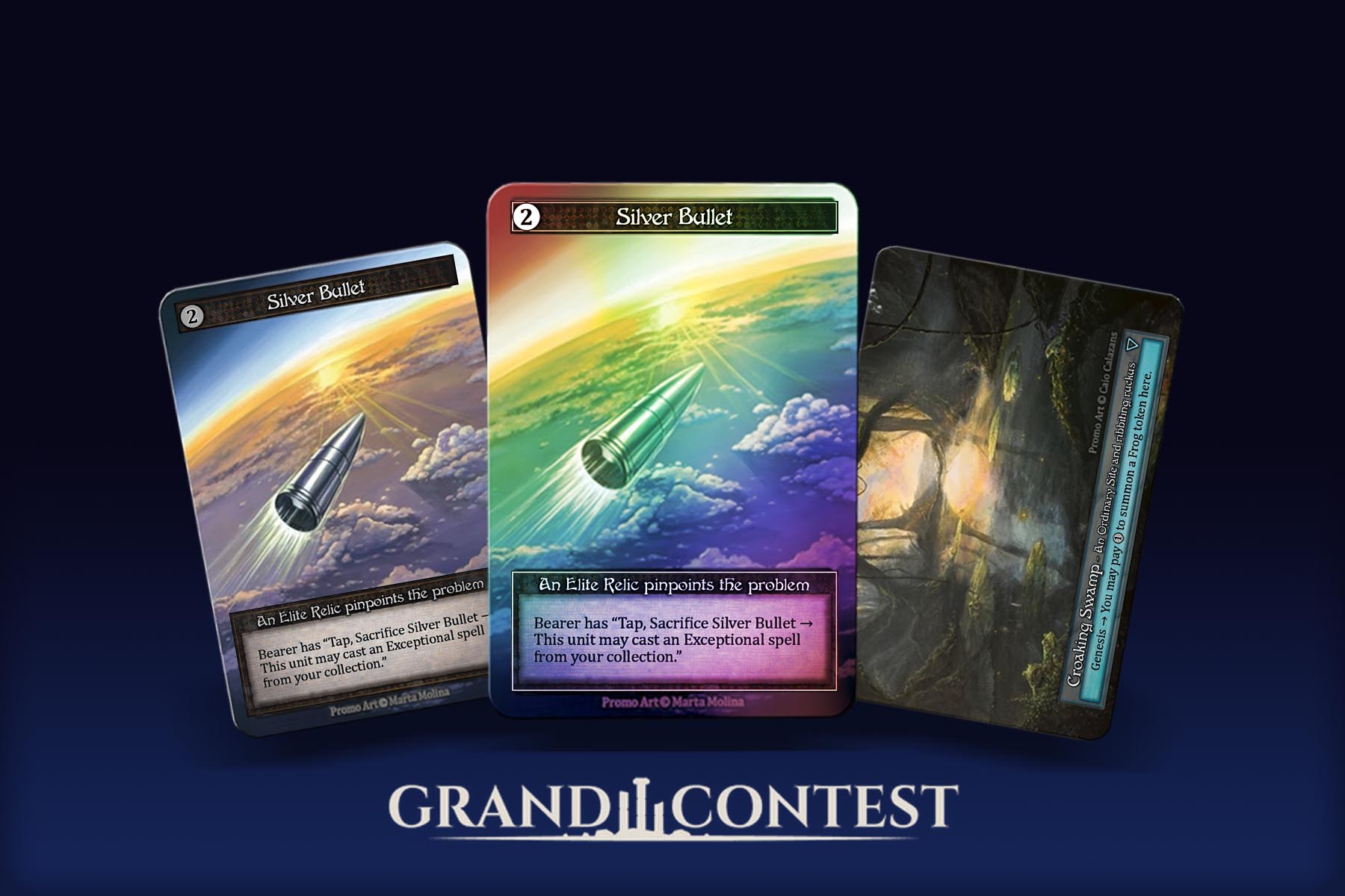 Three Sorcery cards side by side on a dark blue background: Silver Bullet promo, Silver Bullet foil promo, Croaking Swamp promo