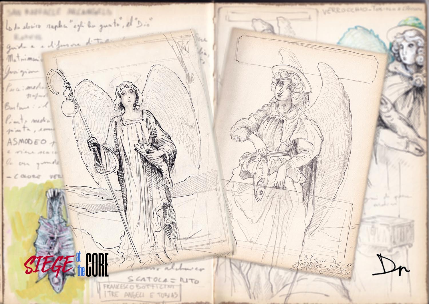 Two pencil sketches of angels holding a fish, drawn in card frames over a page of Pietro's sketchbook.