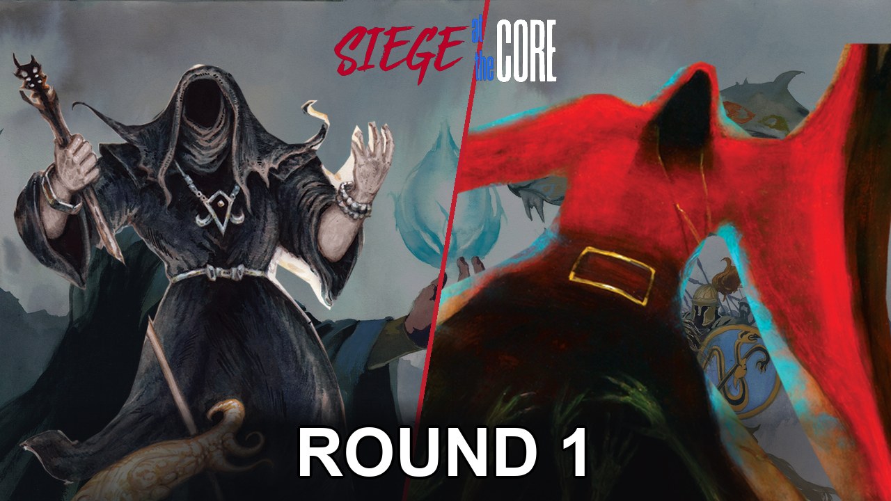 Round 1 thumbnail: Harbinger on the left, Necromancer on the right, over the Siege at the Core 2025 artwork.