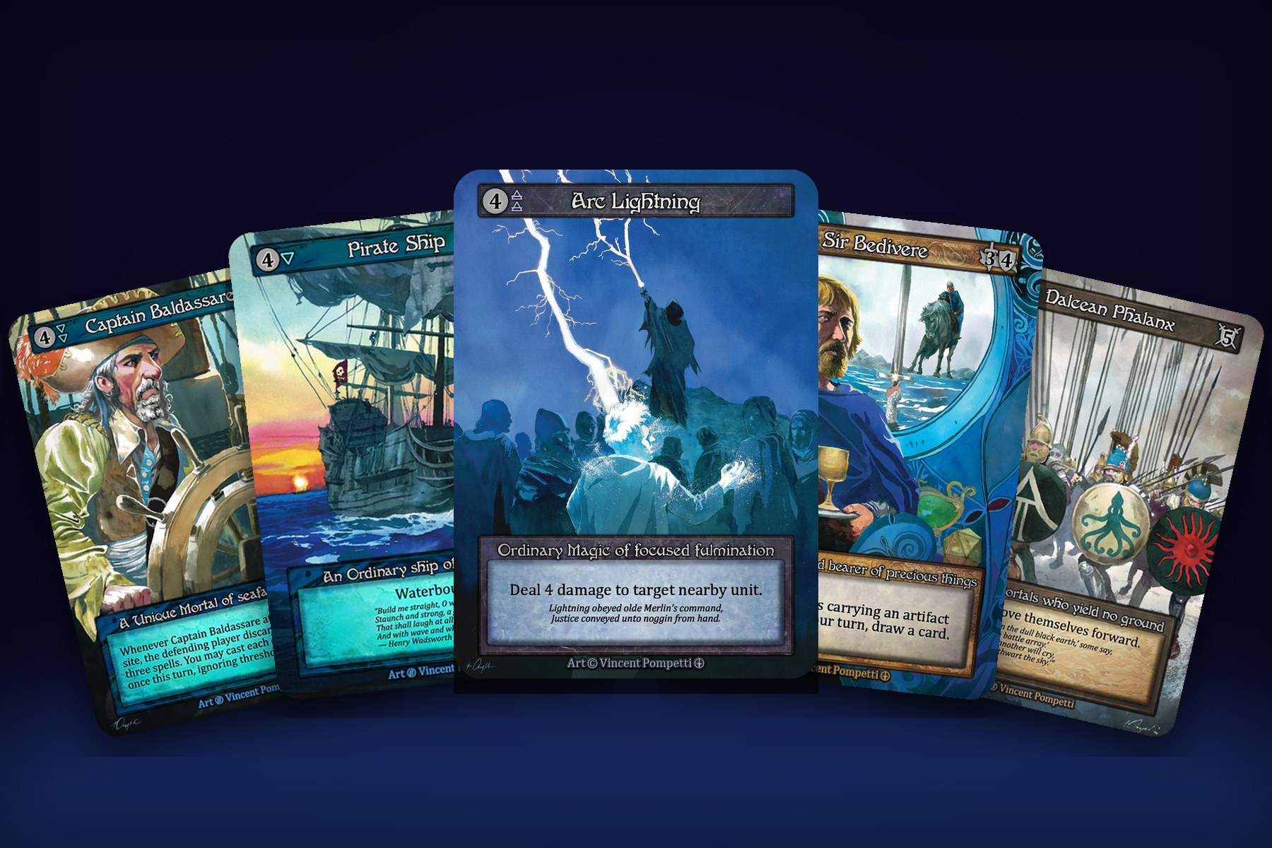 Five cards illustrated by Vincent Pompetti: Captain Baldassare, Pirate Ship, Arc Lightning, Sir Bedivere, and Dalcean Phalanx.
