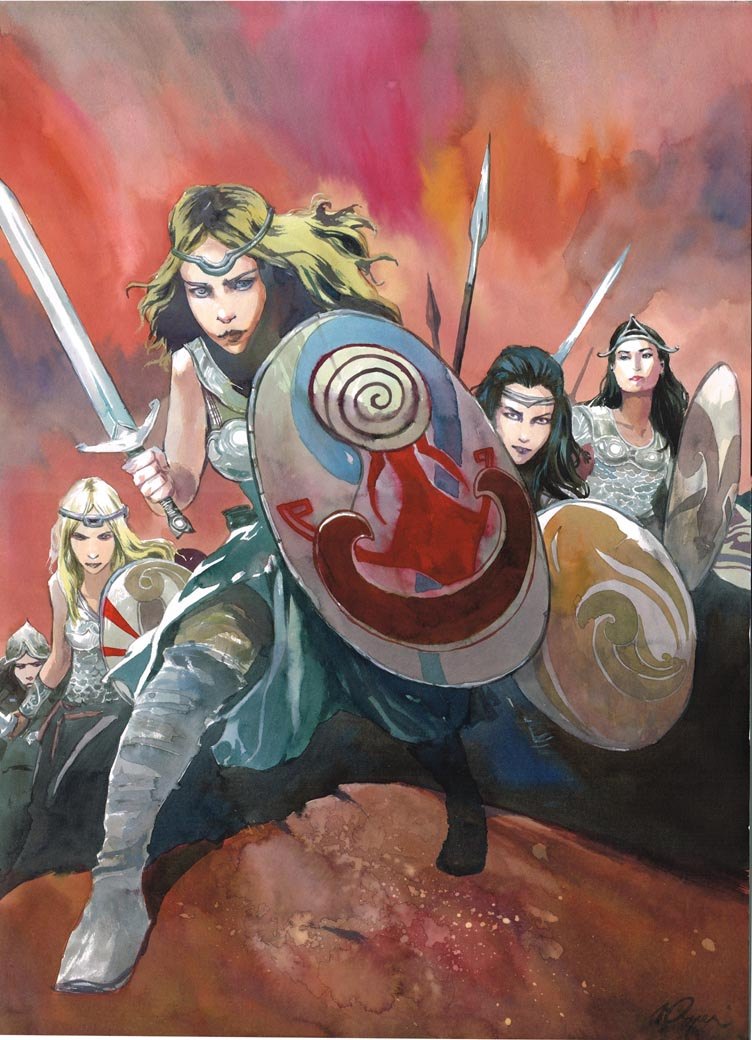 The original painting for Shield Maidens: five armoured women advancing with drawn swords, spears, and round shields against a red and orange sky.