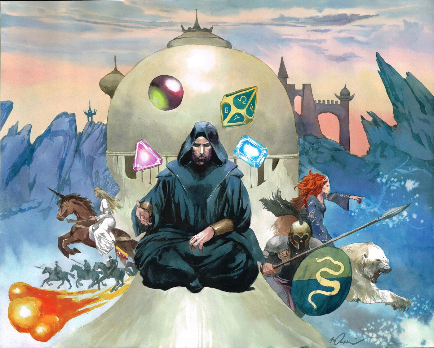 The 2024 key visual: a hooded sorcerer sits cross-legged in meditation in front of a great dome, gems and a die floating around him, riders and warriors gathering on both sides.