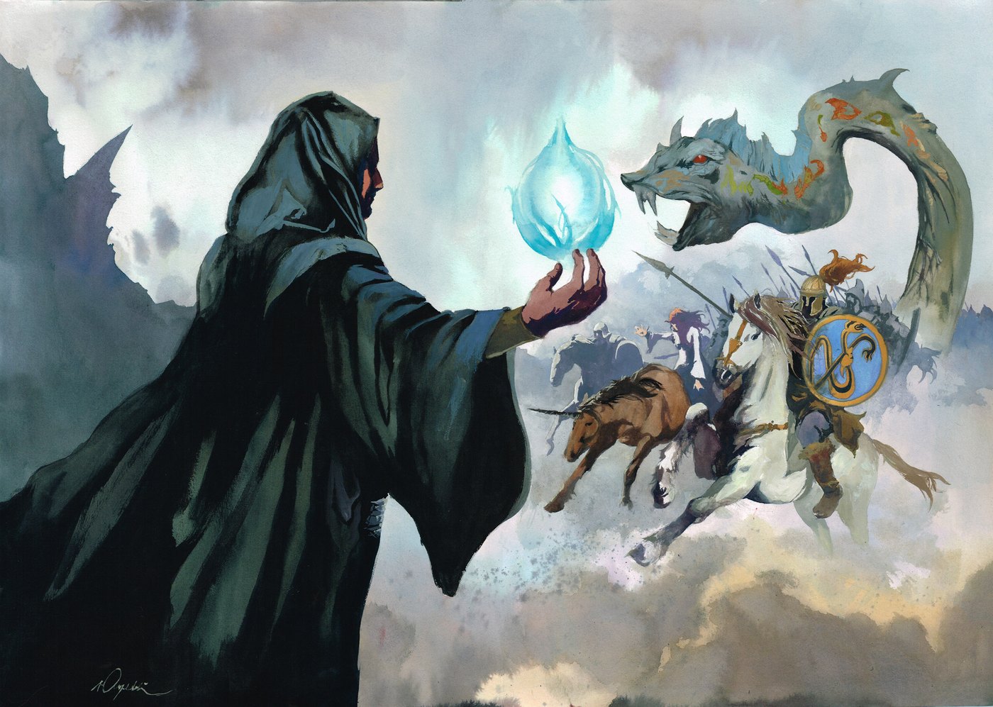 The 2025 key visual: the same sorcerer holds a glowing blue core in his raised hand while a serpent and mounted warriors come charging out of the mist.