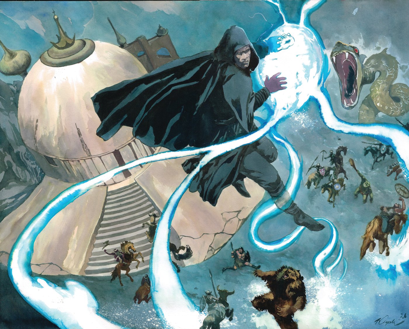 The 2026 key visual: the sorcerer leaps through ribbons of blue energy in front of the same great dome as a serpent, mounted warriors, and a bear attack.