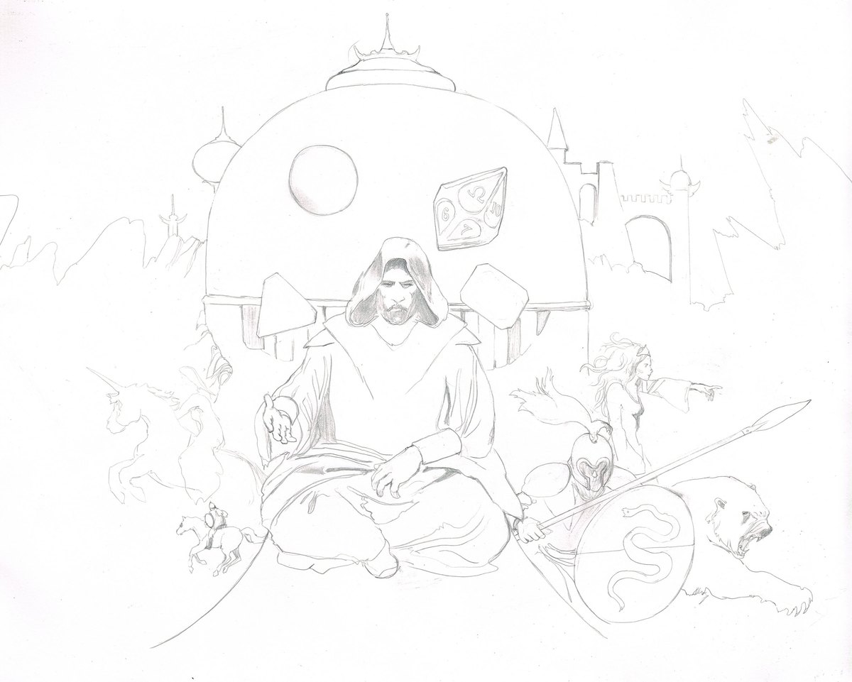 Stage one of the 2024 key visual: a pencil drawing of the whole scene, the sorcerer, the dome, the riders, and the bear all in outline, no colour anywhere.