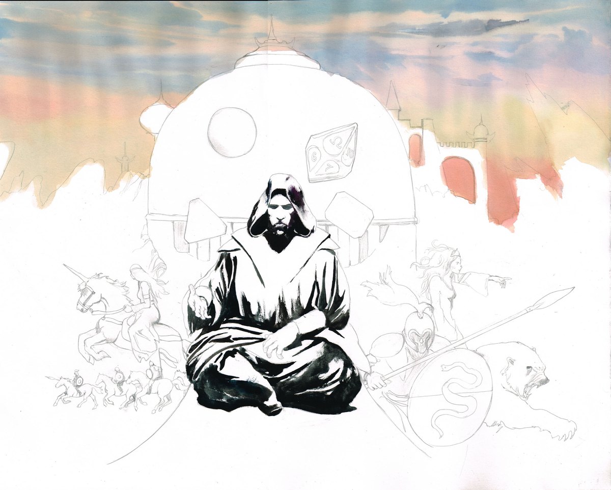 Stage two: the sorcerer is worked up in black ink, the sky and the castle have their first orange, blue, and red washes, and the dome and everything else are still bare pencil.