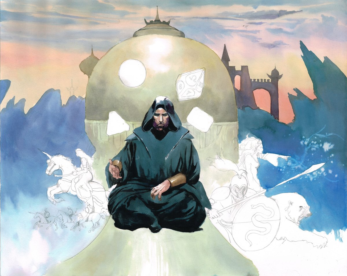Stage three: the sky, the mountains, the dome, and the sorcerer are painted in full colour while the unicorn rider, the horsemen, the warrior, and the bear are still pencil outlines.