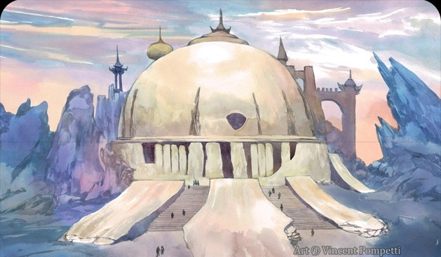 The Dome of Osiros watercolor by Vincent Pompetti showing a white domed temple amid violet rock spires under a dawn sky.